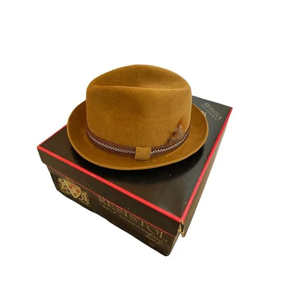 Vintage Resistol Tan Self Conforming Western Fedora 7 1/4 Hat with Feather xs3x main image 4